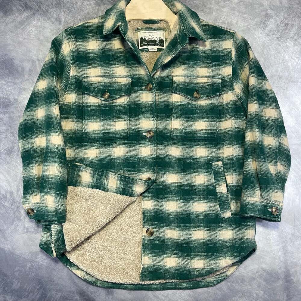 American Eagle Plaid Sherpa Lined Shacket Size L Green White Flannel